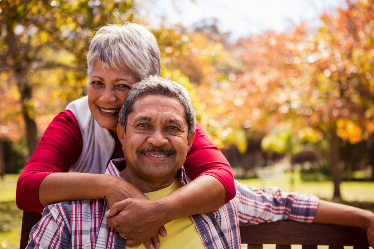 Senior couple sitting on bench in park